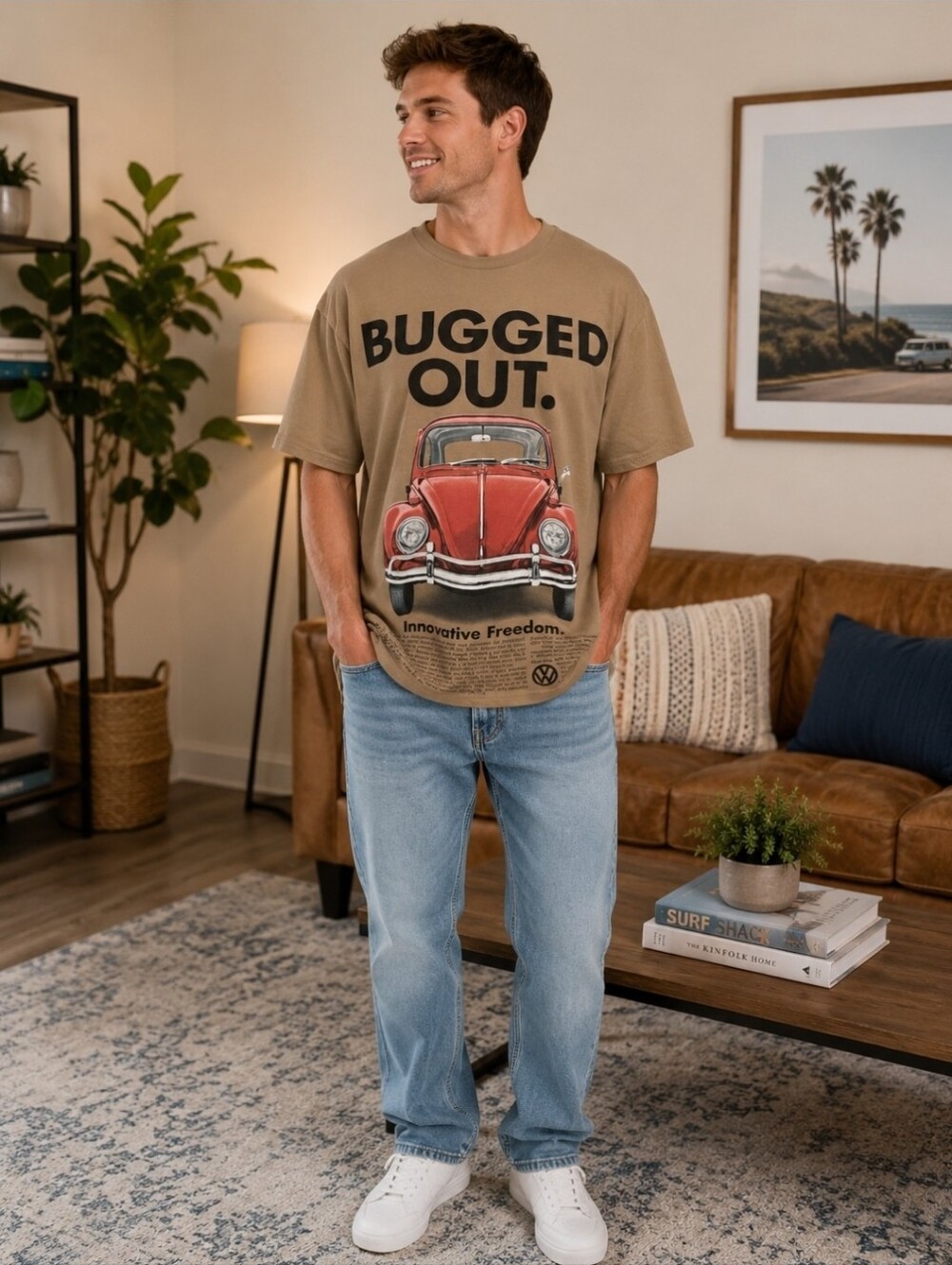 VW Volkswagen Bugged Out Beetle Graphic T-Shirt Men's Medium Tan Licensed Tee